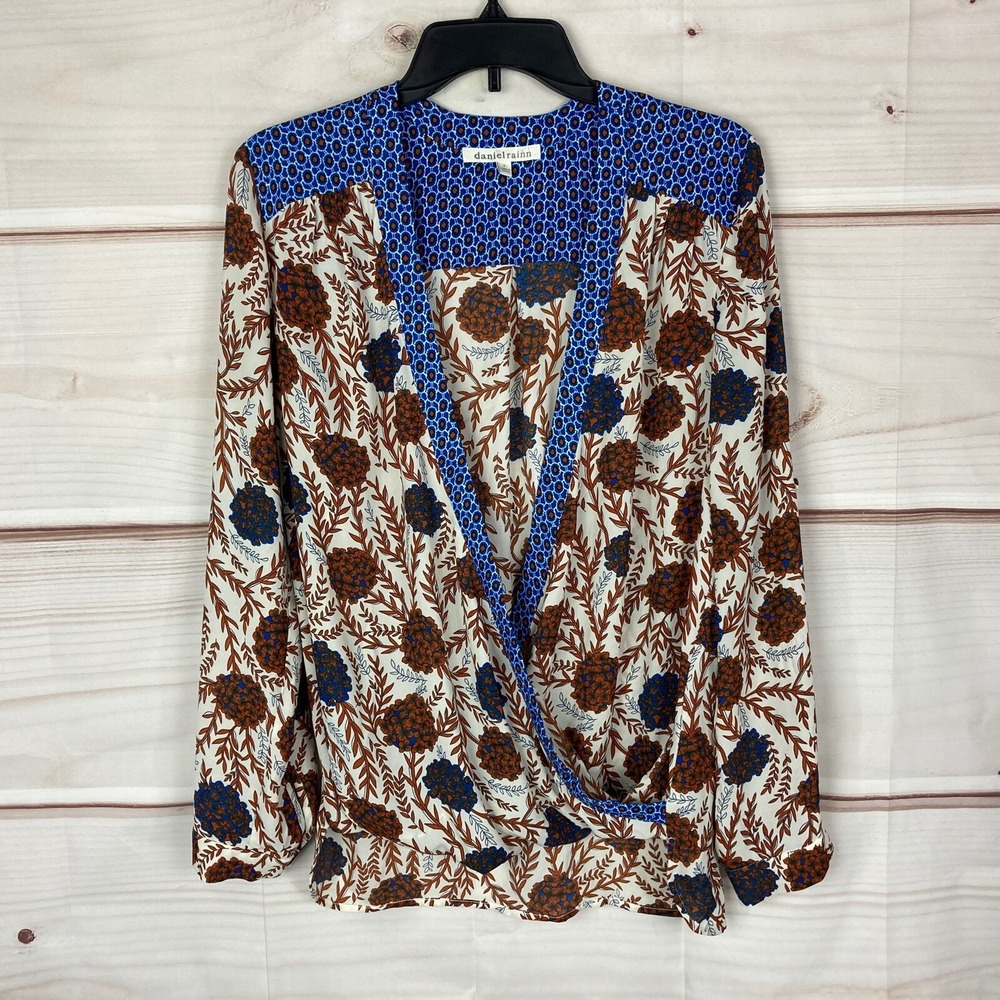 Daniel Rainn Top Womens S Brown Blue Floral Blouse Faux Wrap V-Neck Long Sleeve